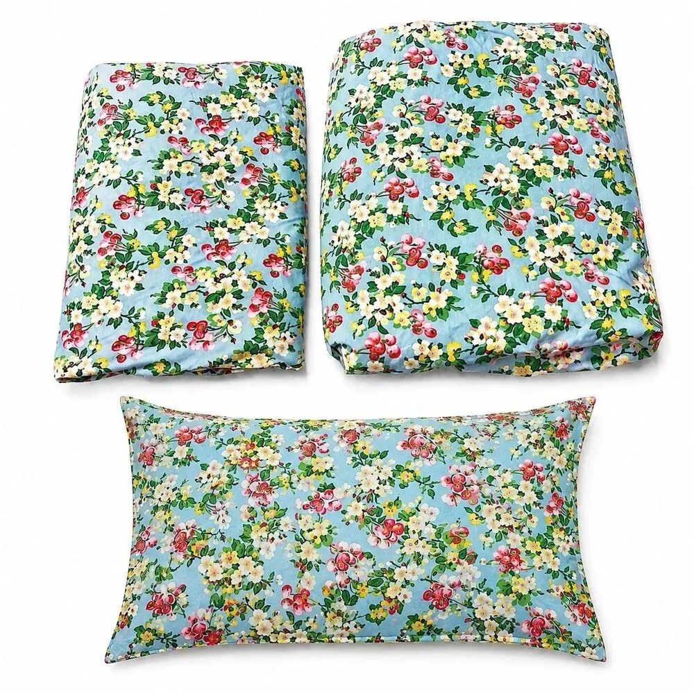 Lauren Ralph Lauren Blue Cherry Blossom Floral Sheet Set Cottagecore Cotton Vtg